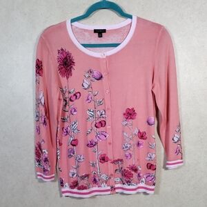 10514 FINAL PRICE Talbots peach w/pink floral print cardigan sweater M